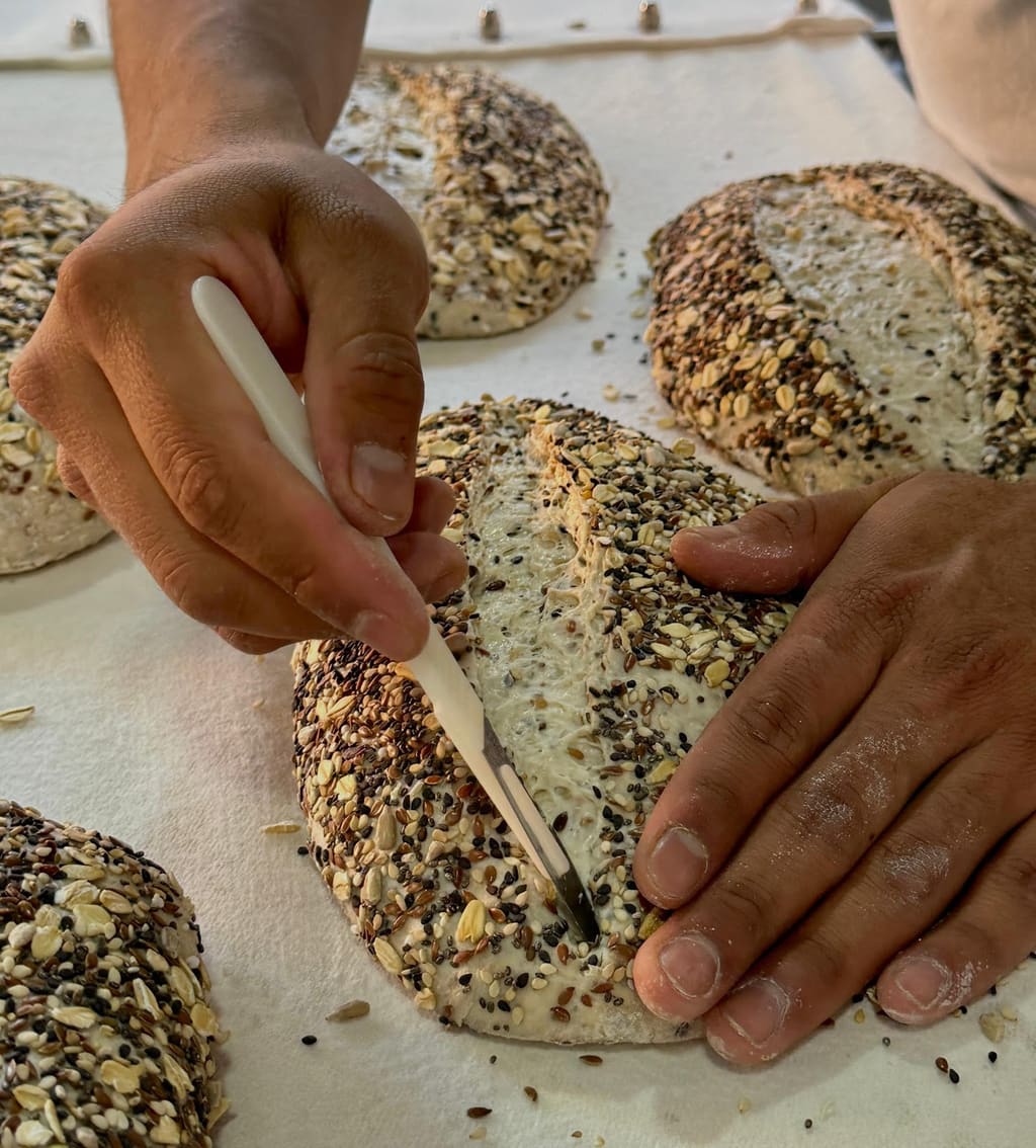 Manos del panadero greñando hogazas de masa madre cubiertas de semillas