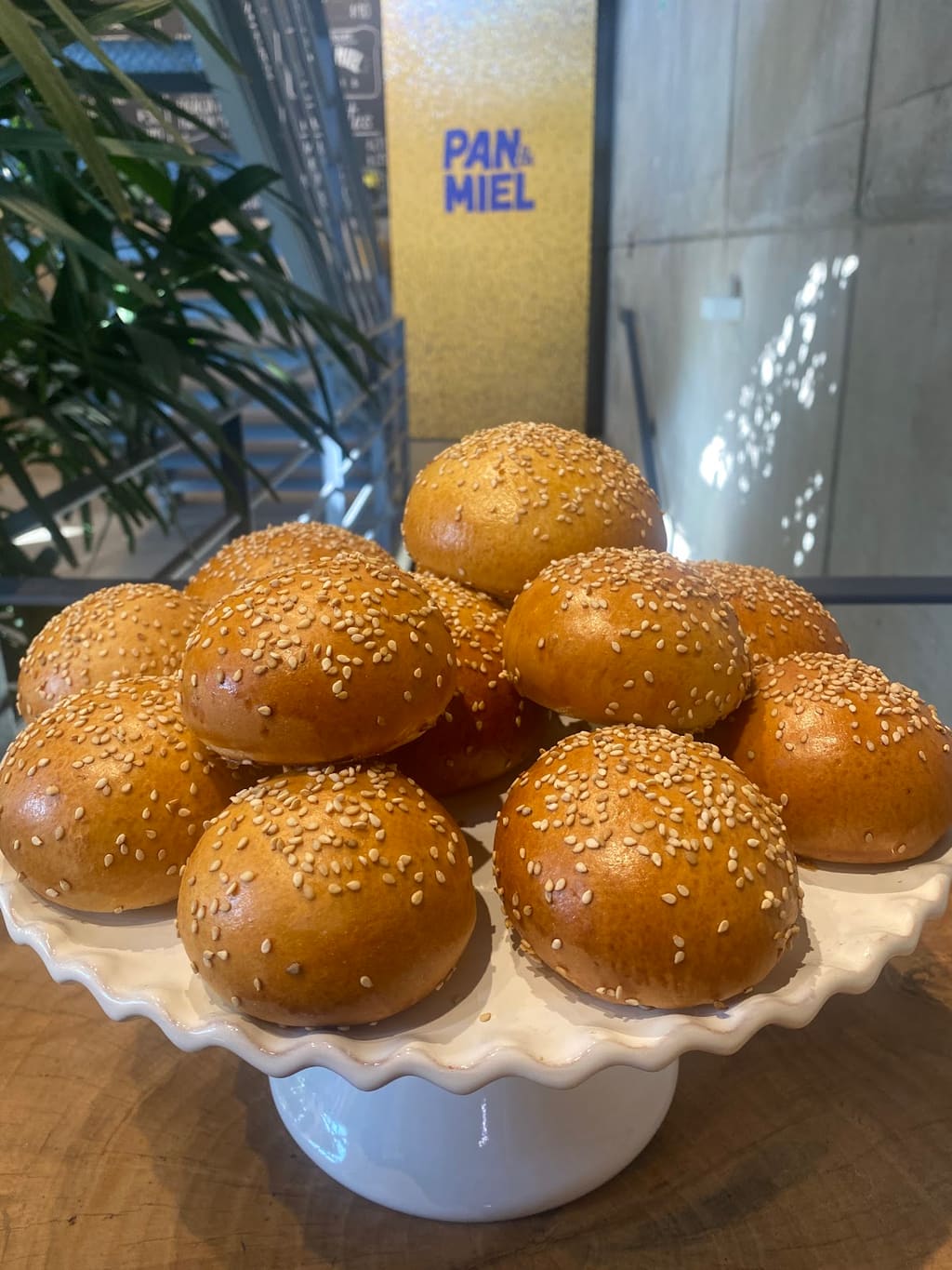 Bollos brioche con ajonjolí recién horneados frente al muro dorado de mosaico con el logotipo Pan y Miel