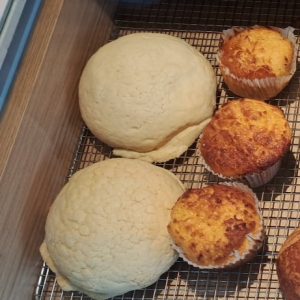 Conchas recién horneadas en la vitrina de Pan y Miel.